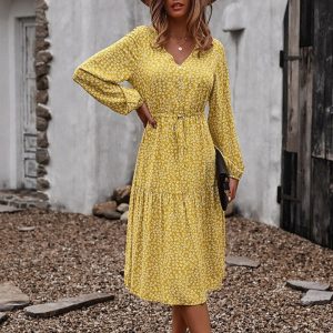 Robe Mi-Longue Manche Longue Fleurie