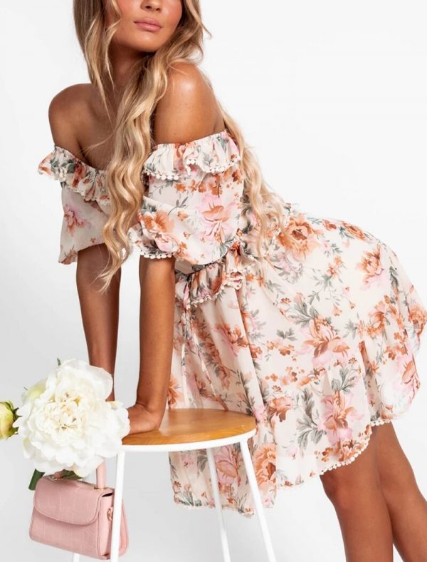 Robe Fleurie Mariage Manche Asymétrique – Image 2