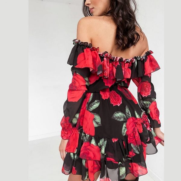 Robe Col Bateau Fleuri Rouge – Image 2