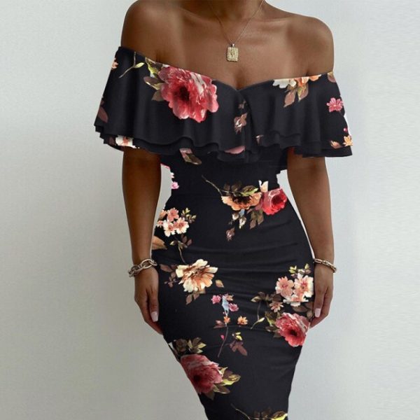 Robe Epaule Dénudée à Fleurs – Image 4