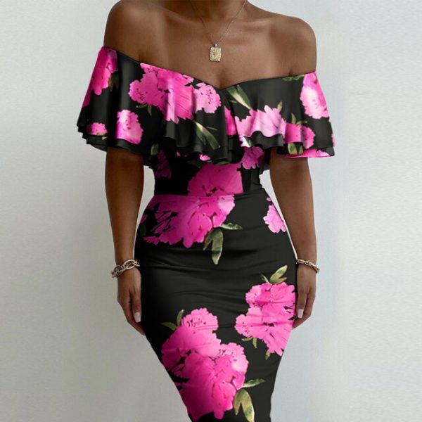 Robe Epaule Dénudée à Fleurs – Image 3