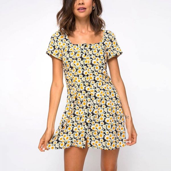 Robe Bleue à Fleurs Jaune